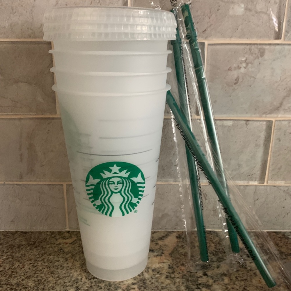 5 Starbucks clear frosted cups with straw and lid
